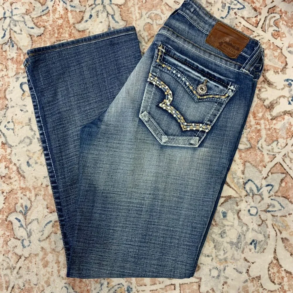 Big Star Womens Maddie Boot Mid-rise Jeans Y2K Button‎ flap Pockets Faded 33x30